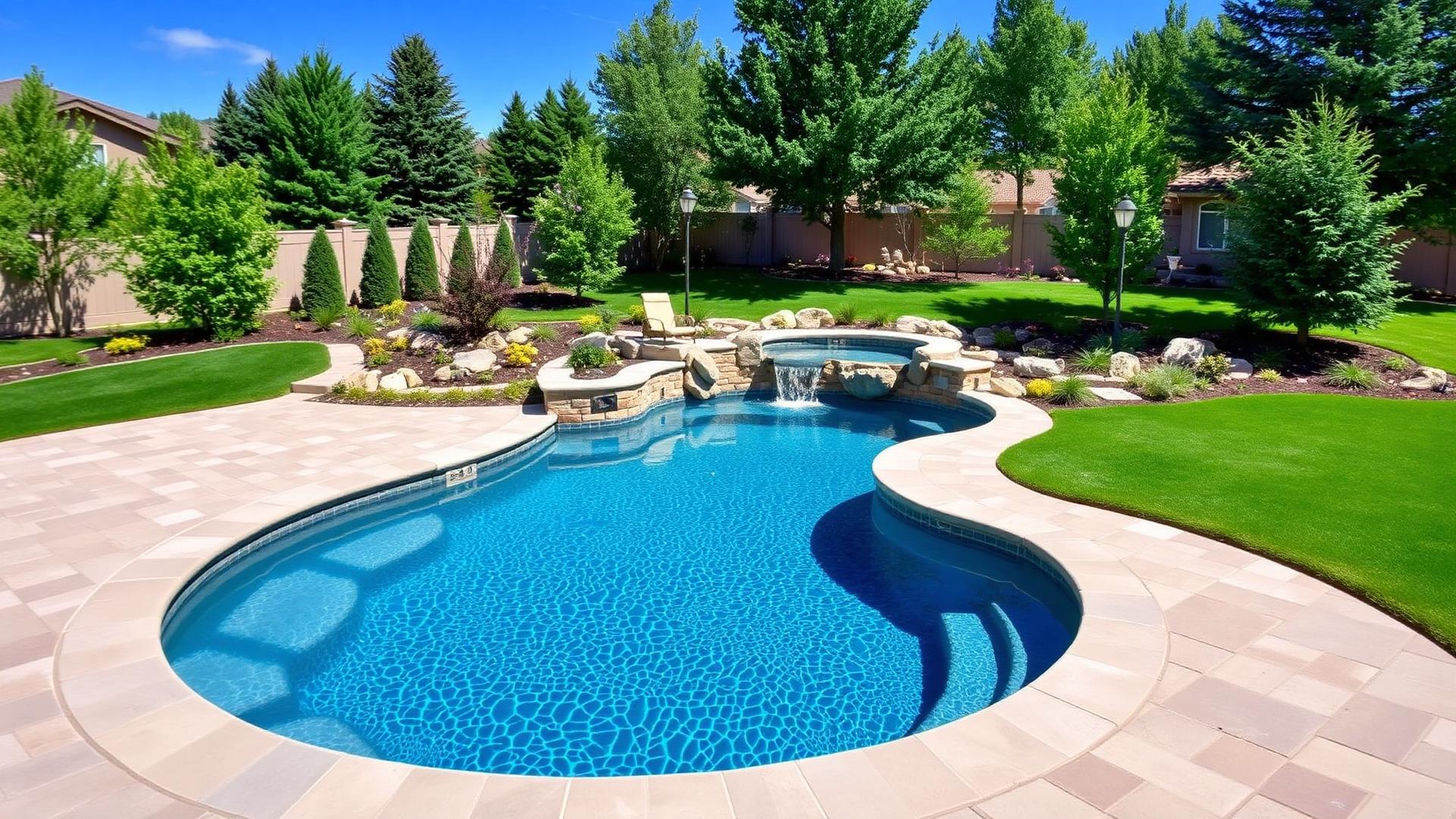 Beautiful backyard swimming pool with stone pavers and lush landscaping